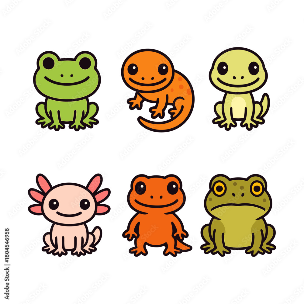 Obraz premium Cute Amphibians and Reptiles – Frog, Newt, Gecko, Axolotl, Salamander and Toad