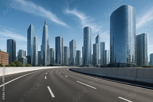 Futuristic skyline cityscape with modern glass skyscrapers and wide empty highway under clear blue sky, emphasizing urban architecture concept. Ai generative