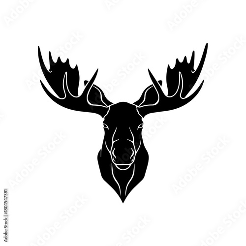 Silhouette of a majestic moose head with large antlers, a striking black and white design.