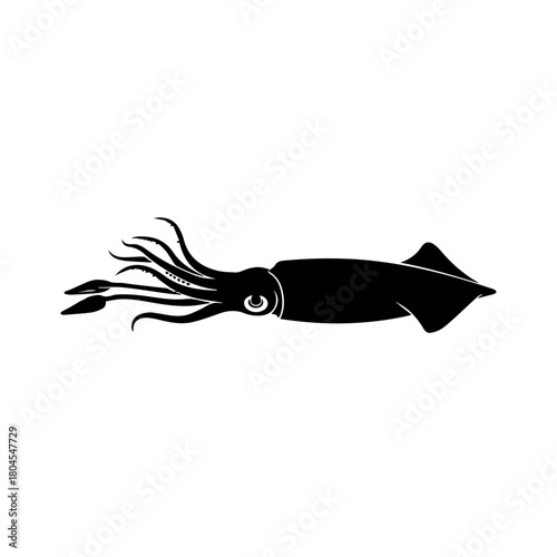 A simple black silhouette of a squid with long tentacles isolated on a white background.