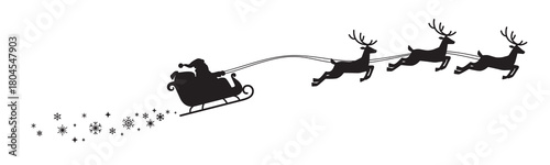 Christmas decorative illustration with Santa's sleight silhouette. Winter holidays background with Santa Clause and reindeers.