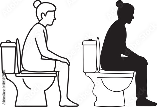 Woman sitting on toilet in line drawing and silhouette