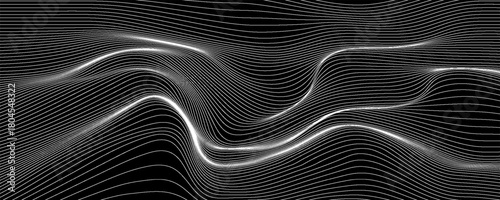 Abstract wavy background for digital, scientific or tech design. 3D waveforms on a black background. Curved wavy lines. Vector illustration. EPS 10.
