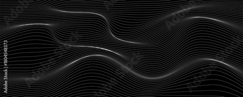 Abstract wavy background for digital, scientific or tech design. 3D waveforms on a black background. Curved wavy lines. Vector illustration. EPS 10.