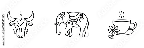 Indian tradition, festive animal, herbal tea vector line icon set for commercial use vector illustration.