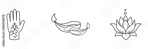 Indian celebration, sacred lamp, floral hand, meditation lotus vector line icon set for commercial use.