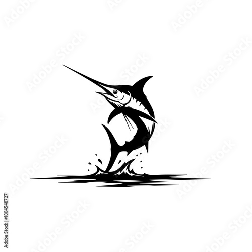 Black and white illustration of a marlin jumping out of the water.
