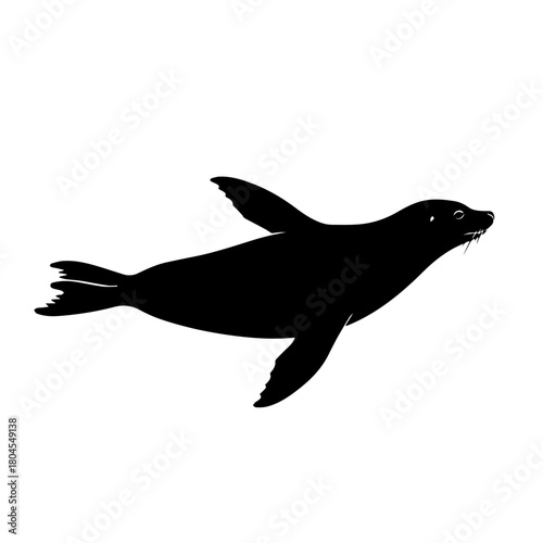 A black silhouette of a swimming seal or sea lion with flippers extended, isolated on a plain white background.