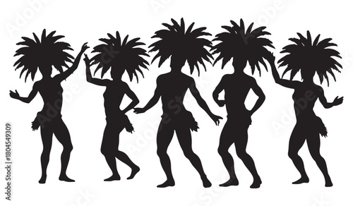  Silhouettes of five dancers in vibrant feathered headdresses performing a lively dance