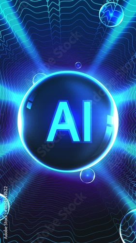 AI bubbles futuristic background with glowing blue neon sphere