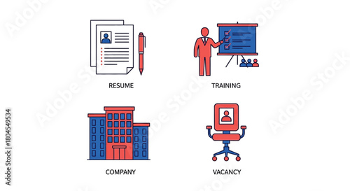 Vector illustration of four icons representing resume, training, company, and vacancy