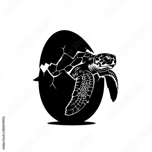 Black and white illustration of a baby sea turtle hatching from a cracked egg.