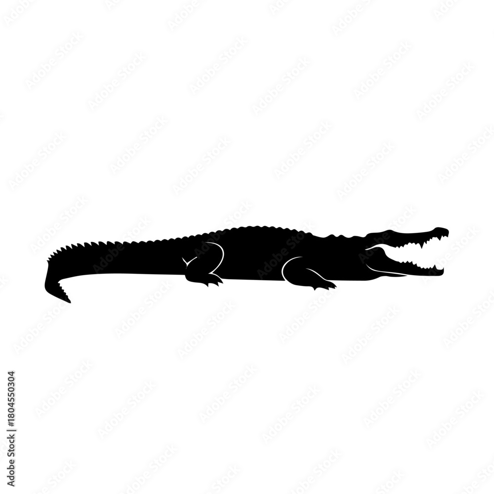 Fototapeta premium Striking black silhouette of a crocodile with its mouth wide open, showcasing its powerful jaws and sharp teeth.