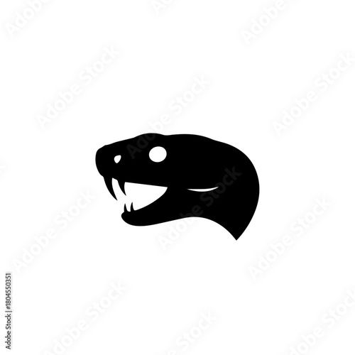 Black silhouette of a snake's head with open mouth and visible fangs, depicted in a minimalist and striking style.