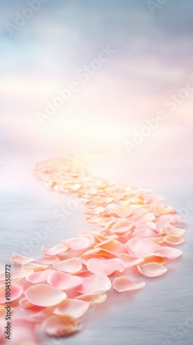 Petal Pathway: A gentle and inspiring vista of a petal pathway, with soft pink petals arranged in a curving line, leading towards a radiant light and the sky. Evokes feeling of elegance, beauty.