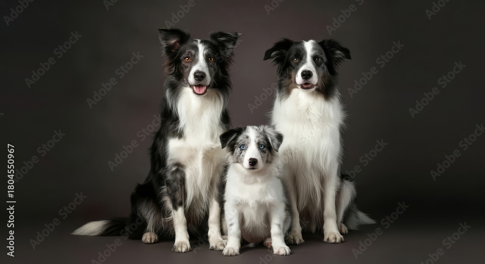 Obraz premium Three Border Collies: Two Adults and a Blue Merle Puppy
