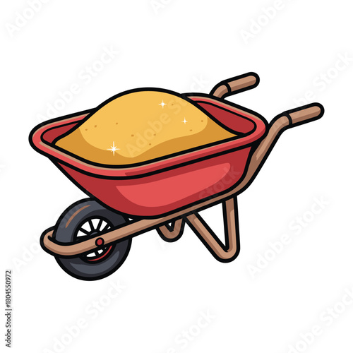 A wheelbarrow with sand, cute design, transparent background.