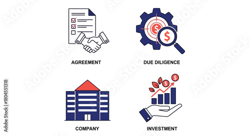 Vector illustration of business concepts icons agreement, due diligence, company, investment
