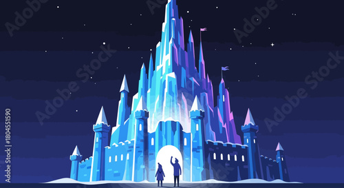 A stunning flat design illustration of a grand ice castle from the Harbin International Ice and Snow Sculpture Festival, beautifully lit at night with two tiny figures marveling at its scale. 