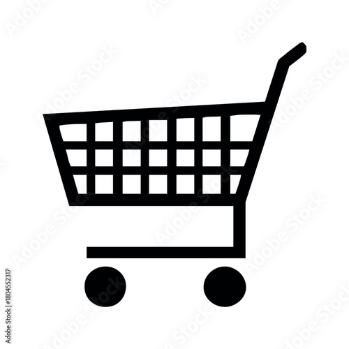 A simple black and white illustration of a shopping cart with a grid pattern and two wheels