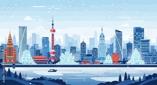 This flat design illustration presents a panoramic view of Harbin's cityscape, seamlessly integrating the magnificent, glowing ice sculptures of the festival into its urban fabric. 