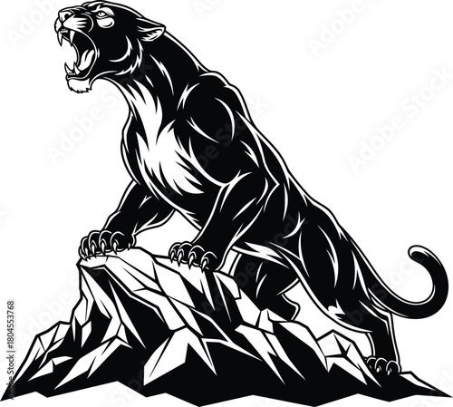 Black panther roaring on rock vector illustration wildlife animal art eps silhouette