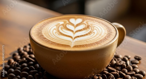 Beautiful Latte Art Coffee with Roasted Beans on Wood