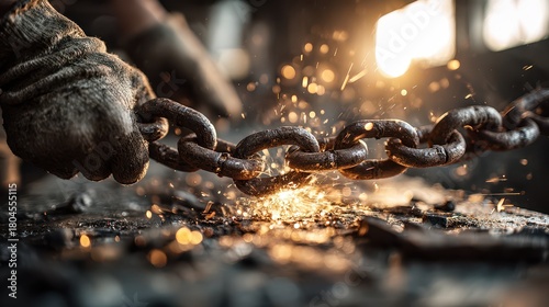 Breaking Chain Links in a Dramatic Moment: Symbol of Freedom