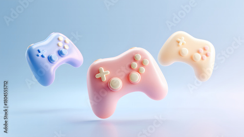 Pastel 3D game controllers floating on soft blue - Gaming background