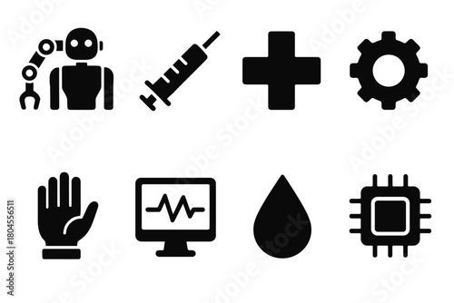 Black and white technology and healthcare icons: robot, syringe, medical cross, gear, hand, monitor, drop, microchip