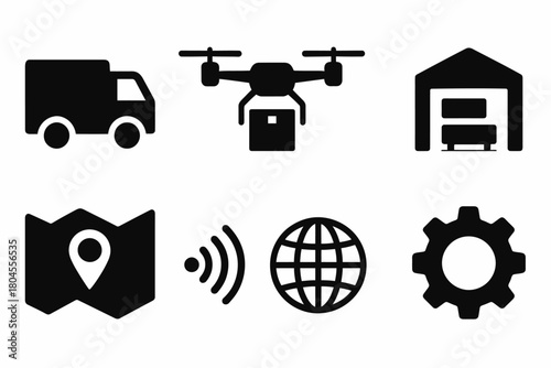 Logistics icons: truck, drone, warehouse, map, globe, gear illustrations