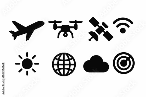 Icons of aviation, drone, satellite, connectivity, and technology symbols