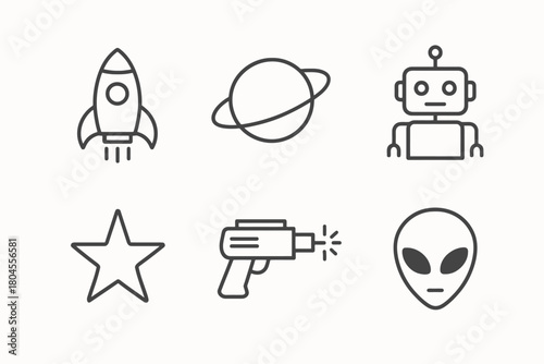 Space exploration icons: rocket, planet, robot, star, raygun, alien face