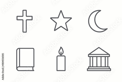 Religious symbols collection: cross, star, crescent, book, candle, temple