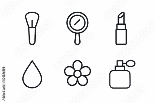 Minimalist beauty icons: makeup, mirror, lipstick, perfume, flower, water drop