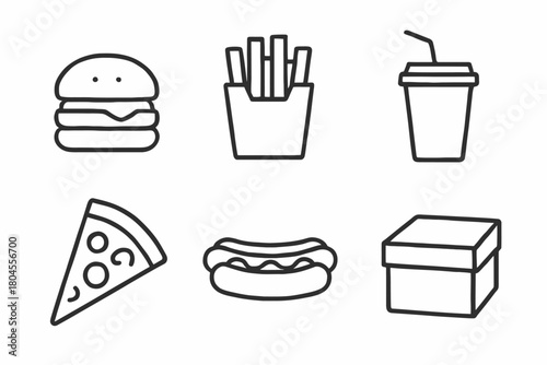 Black and white icons of burger, fries, drink, pizza, hot dog, and box