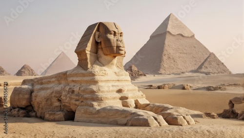 The Great Sphinx of Giza stands majestically before the ancient Egyptian pyramids.
