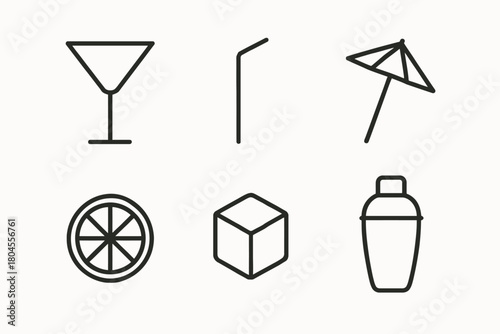 Minimalist cocktail icons with glass, straw, umbrella, lemon, ice cube, shaker