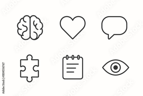 Simple icons: brain, heart, speech bubble, puzzle, notebook, eye