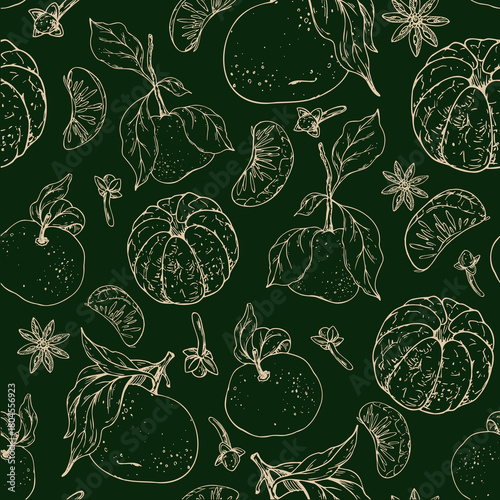 A hand-drawn line art seamless pattern with tangerines, cloves, and star anise. This minimalist graphic illustration is perfect for Christmas packaging, mulled wine labels, and festive textile design.