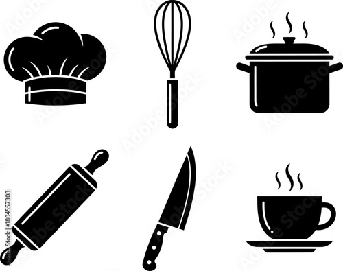 kitchen icons set,  kitchen cooking chef tools icons monochrome vector illustration