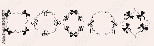 Set of decorative black ribbon frames with bows in circular and square shapes for greeting cards, wedding invitations, scrapbooking, packaging, branding, stationery, crafts. Vector illustration