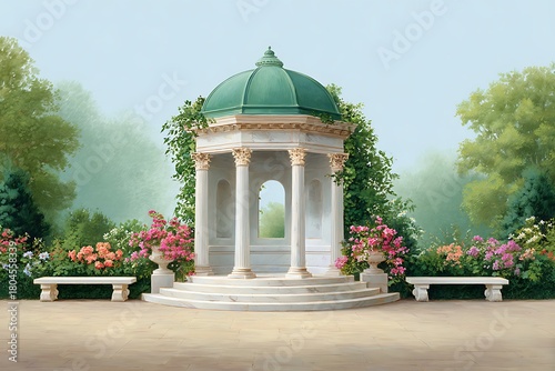 Serene and romantic scene, Beautiful classical pavilion in garden