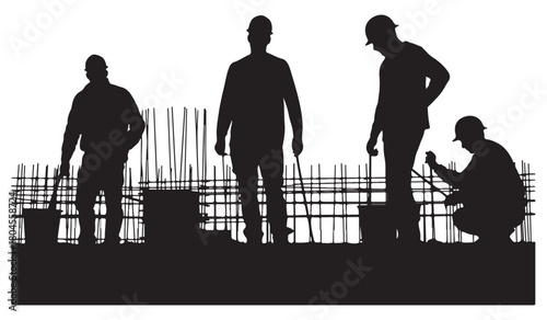  Silhouettes of construction workers on a building site against a textured background