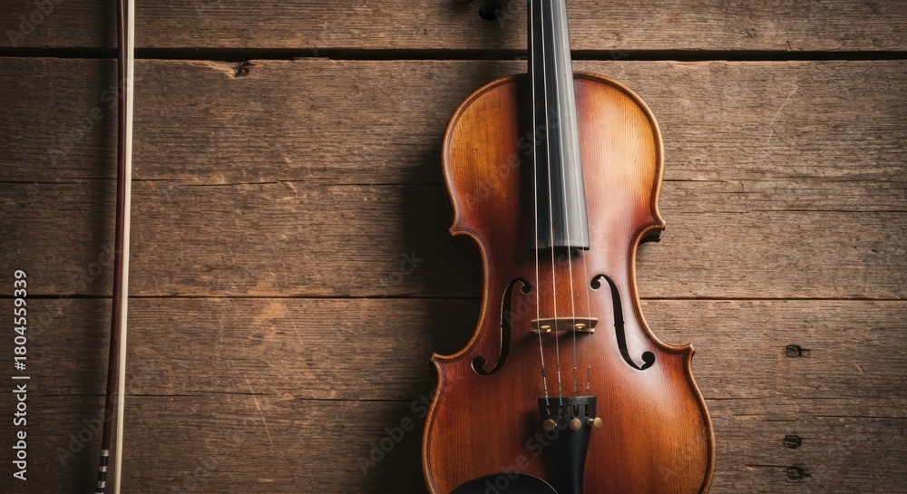 Fototapeta premium A violin and bow rest against a textured, rustic wooden background