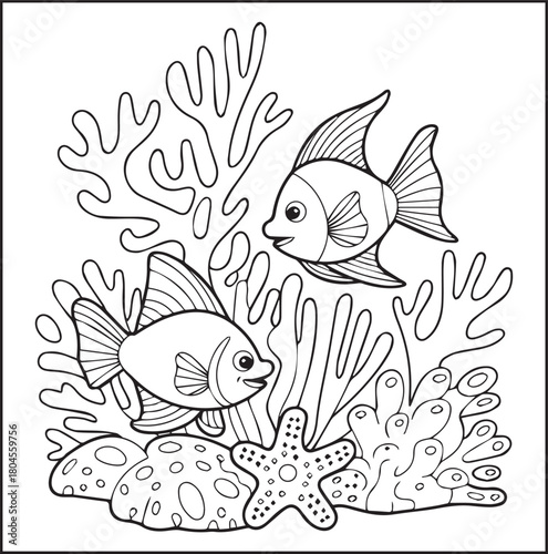 Cute starfish, sea shell and angelfish ocean animal underwater scene black line art vector illustration for kids coloring pages 