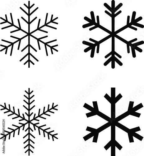 Four distinct black snowflake icons with intricate crystalline patterns on a white background