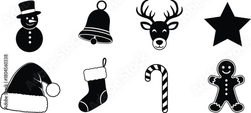 Collection of eight black and white christmas holiday icons including snowman bell reindeer star santa hat stocking candy cane and gingerbread man