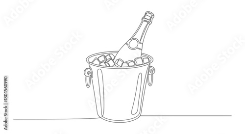 Continuous line drawing of a champagne bottle chilling in an ice bucket, ready for celebration.
