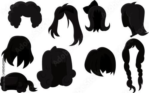 Black Silhouettes of Various Hairstyles and Wigs female